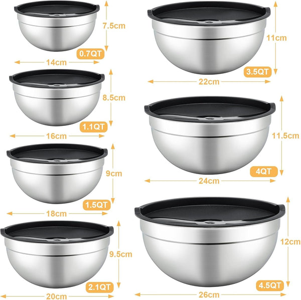 7 Piece Mixing Bowls with Lids Set - Mixing Bowls Stainless Steel Bowls for Kitchen Baking, Size 0.7, 1.1, 1.5, 2.1, 3.5, 4, 4.5QT, Baking Bowl for Food Preparation, Mixing and Serving Foods3
