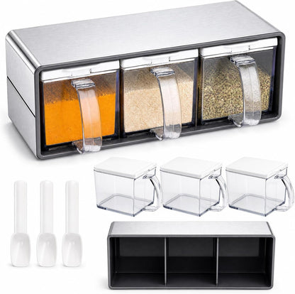 3 Grids Seasoning Organizer Box, Stainless Steel Salt Container with Lid and Spoon, Seasoning Containers with Stainless Steel Rack for Home, Kitchen, Cafe, Storing Salt, Sugar, Pepper, Spice1