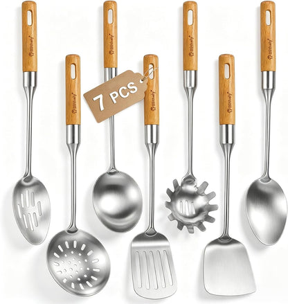 Stainless Steel Cooking Utensils Set with Wooden Handle, 7 Pcs Long Kitchen Utensil Set Stainless Steel, Heat Resistant Metal Spatula Set for Cooking with Turners, Skimmer, Ladle, Pasta Fork1