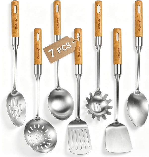 Stainless Steel Cooking Utensils Set with Wooden Handle, 7 Pcs Long Kitchen Utensil Set Stainless Steel, Heat Resistant Metal Spatula Set for Cooking with Turners, Skimmer, Ladle, Pasta Fork1