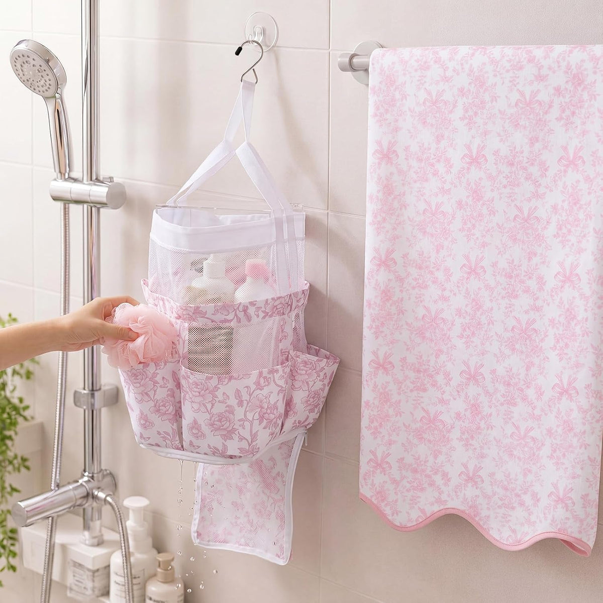 2-pcs-college-dorm-shower-caddy-and-bath-towels-set-pink-white