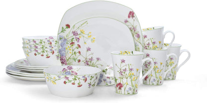 Wildflower Garden Dinnerware Set, 16-Piece Bone China Dishes Service for 4, Square Plates and Bowls Set with Mugs, Floral Design, Dishwasher and Microwave Safe2