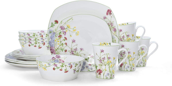 Wildflower Garden Dinnerware Set, 16-Piece Bone China Dishes Service for 4, Square Plates and Bowls Set with Mugs, Floral Design, Dishwasher and Microwave Safe2
