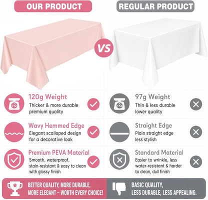 3 Pcs Plastic Light Pink Tablecloths, Scalloped Table Cloths | 54 X 108 Inch Pink Table Covers Rectangle for Girl Birthday, Wedding, Baby Bridal Shower, Tea Party, Leakproof & Sturdy3