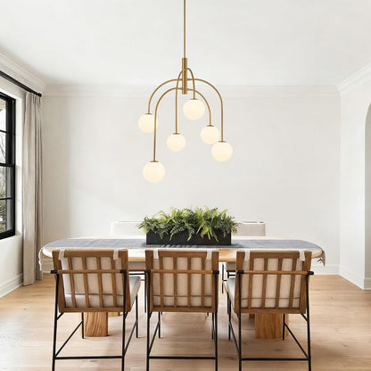 6 Lights Mid Century Modern Chandelier, Milk Glass Globe Chandelier Light Fixture with Gold Metal & White Ball, Large Pendant Lighting Ceiling Hanging for Dining Room Kitchen Island Entryway4
