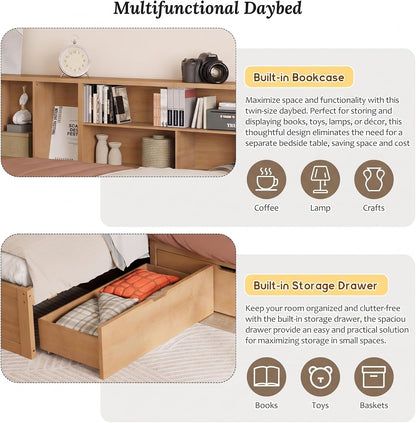 Twin Wooden L-Shaped Daybed with Trundle and Storage Drawer, Natural4