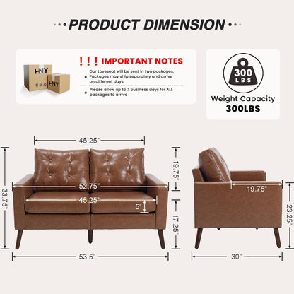 Mid Century Modern 53" Loveseat Sofa, Brown2