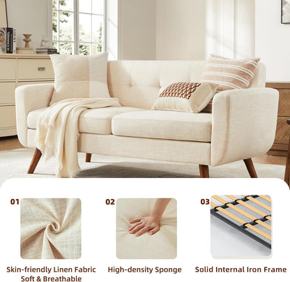 65" W Loveseat Sofa, Mid Century Modern Decor Love Seat Couches for Living Room, Button Tufted Upholstered Small Couch for Bedroom, Solid and Easy to Install Love Seats Furniture, Beige7