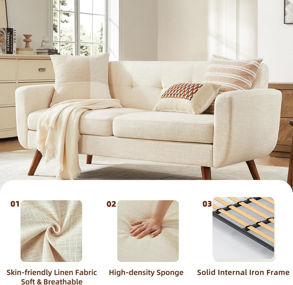 65" W Loveseat Sofa, Mid Century Modern Decor Love Seat Couches for Living Room, Button Tufted Upholstered Small Couch for Bedroom, Solid and Easy to Install Love Seats Furniture, Beige7