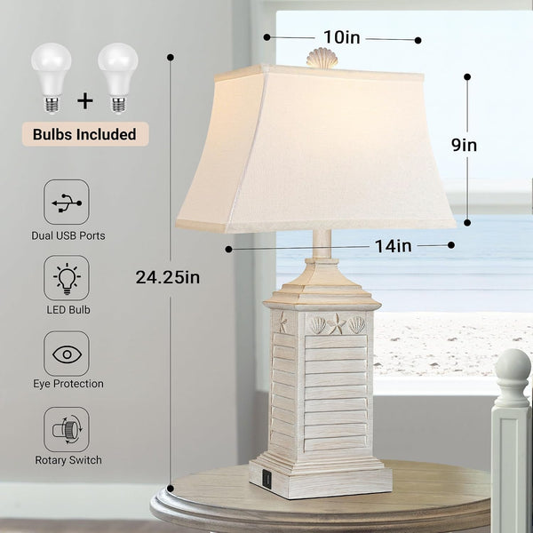 Coastal Table Lamps Set of 2, Beach Living Lamps for Bedroom with USB A+C, Washed White Modern Resin LED 3-Color Temperature Bedside Nautical Decor, Nightstand Tropical Lamps for End Table.4