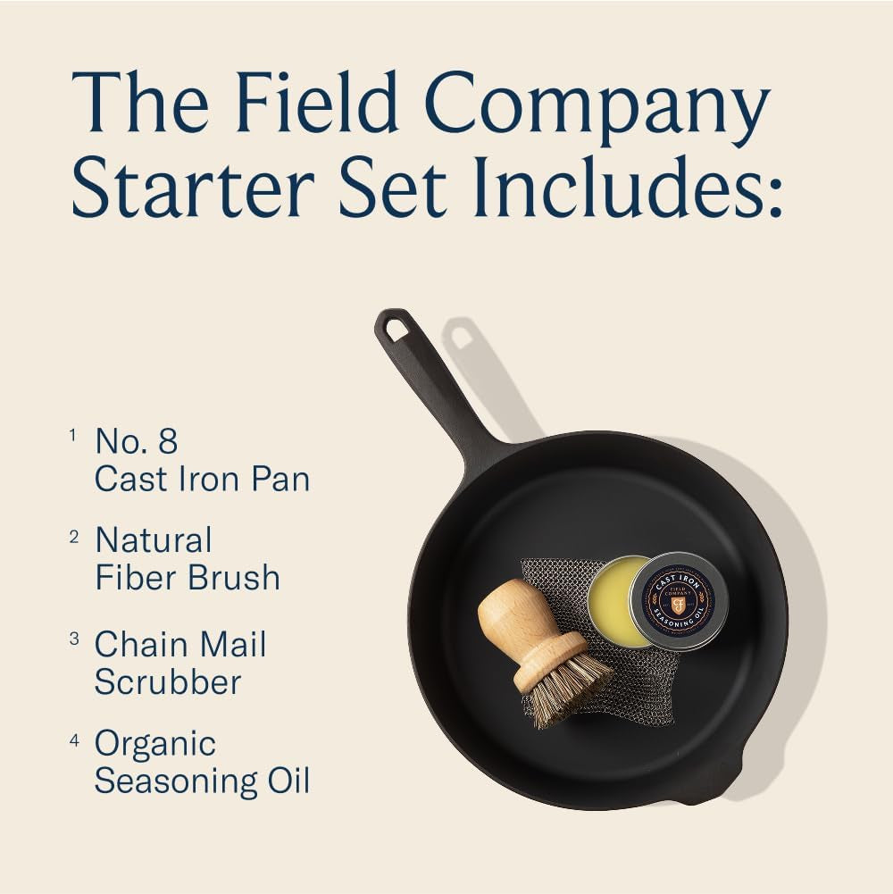 field-cast-iron-starter-set-10-25-inch-cast-iron-skillet-with-cleaning-kit-natural-fiber-brush-chain-mail-scrubber-organic-seasoning-oil-lightweight-preseasoned-made-in-usa-vintage-design