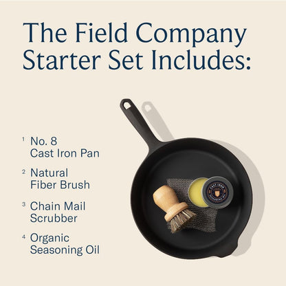 Field Cast Iron Starter Set -10.25 Inch Cast Iron Skillet with Cleaning Kit: Natural Fiber Brush, Chain Mail Scrubber & Organic Seasoning Oil – Lightweight, Preseasoned, Made in USA, Vintage Design6