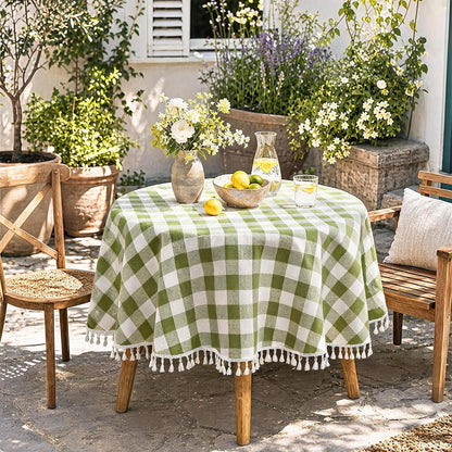 Round Gingham Tablecloth 60Inch, Cotton Linen Style, Green3