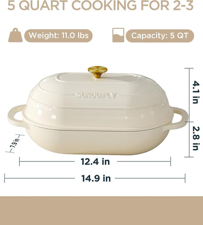 Enameled Cast Iron Bread Oven, 5QT Cast Iron Dutch Oven for Homemade Sourdough Bread Baking, Oval Bread Pot with Dome Lid & Cotton Potholders, Cream White2