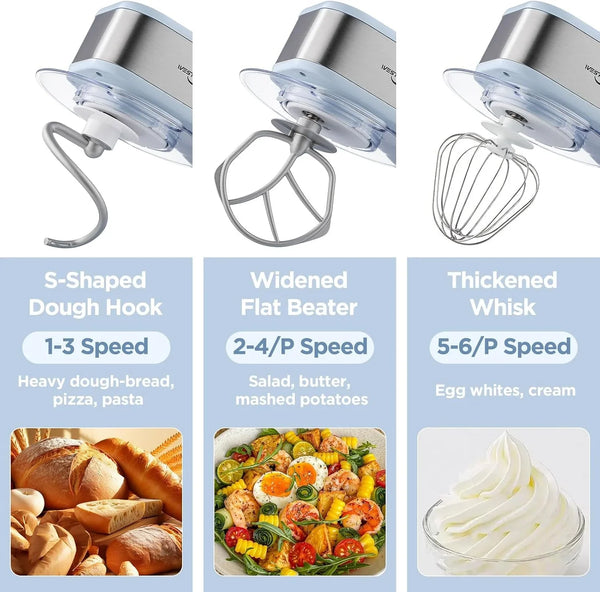 3-IN-1 Electric Stand Mixer 5.3QT 6-Speed with Pulse Function Blue |  Kitchen Mixer for Daily Use with Whisk,Dough Hook,Flat Beater&Splash Guard, for Baking Bread,Cookies and Cake4