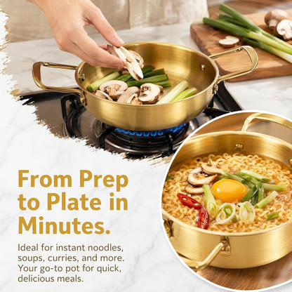 Set of 3 Korean Ramen Noodle Pot with Handles, Stainless Steel Everyday Pan, Golden Korean Cooking Pot for Soup, Noodle, Pasta, Home and Outdoor, Dishwasher Safe, Size 7", 8.7", 9.5"6