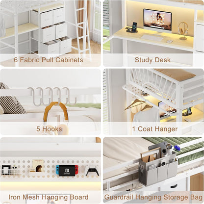 Twin Loft Bed with Desk and 6 Storage Drawers, Metal Twin Size Loft Beds with Charging Station & LED Lights, Bed Frame with Hanging Rod, Safety Ladder & Guardrail, Bedside Caddy for Kids, Teens6