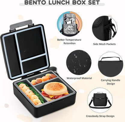Lunch Box Set with Bento Box Container, 17OZ Stainless Steel Food Soup Thermo, Kids Water Bottle & Portable Insulated Lunch Bag – Leakproof, Hot/Cold Retention for School, Travel (Black)3