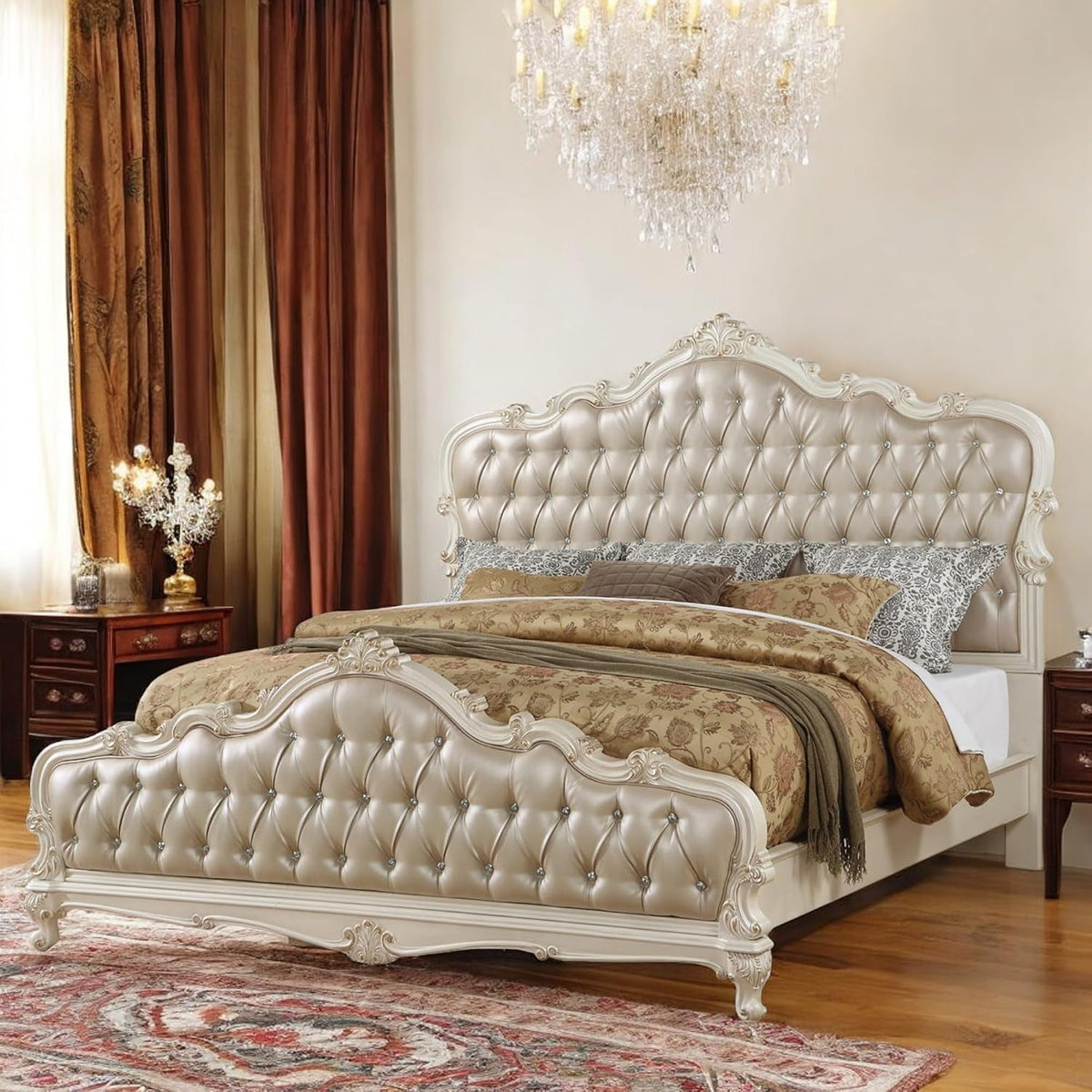 east-king-bed-rose-gold-pu-upholstery-button-tufted-headboard-footboard-4-wood-slats-support-box-spring-required-easy-assembly-pearl-white-finish