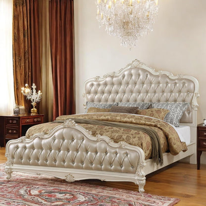 East King Bed Rose Gold PU Upholstery Button Tufted Headboard & Footboard, 4 Wood Slats Support & Box Spring Required, Easy Assembly, Pearl White Finish2