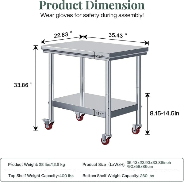36 X 24-Inch Stainless Steel Prep Table with Casters | 24 X 36 In, Adjustable Undershelf and Casters, for Restaurant, Catering, Bar and Food Service3