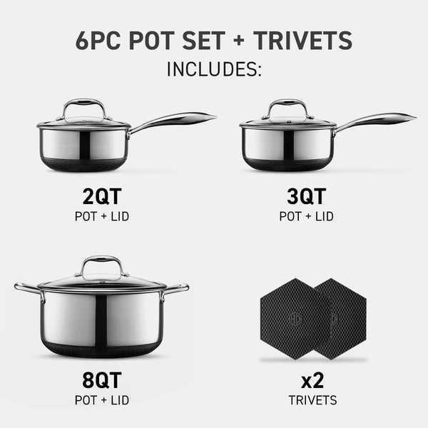 Hexclad Hybrid Nonstick 6 Pc Pot Set & Trivets, 2, 3, and 8-Qt Pots & Lids | Stay-Cool Handles, Dishwasher and Oven Safe, Compatible with All Cooktops, Induction Ready6