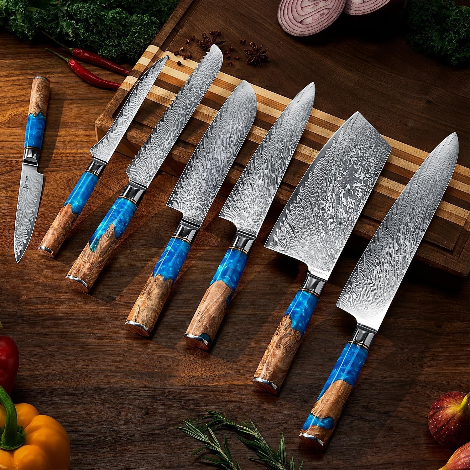 senken-tsunami-7-piece-damascus-kitchen-knife-set-with-magnetic-knife-block-67-layer-japanese-vg10-steel-chef-santoku-cleaver-bread-boning-more-blue-resin-burl-wood-block