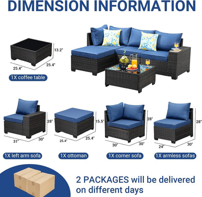 5-Piece Patio Furniture Set, All-Weather Outdoor Wicker Sectional Sofa with Cushions, Tempered Glass Table & Ottoman,Rattan Conversation Seating for Porch, Garden, Backyard,Navy7