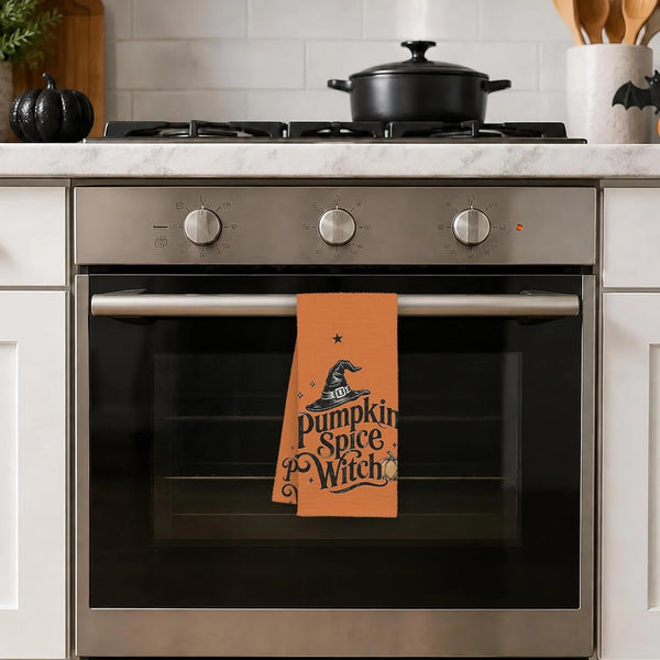 Halloween Kitchen Towel - Pumpkin Spice Witch - Orange Decorative Dish Towel for Fall Kitchen Decor, Spooky Farmhouse Hand Towel for Baking, Coffee Bar, Party, Home Decor & Gift ( 16" X 24" )- 013