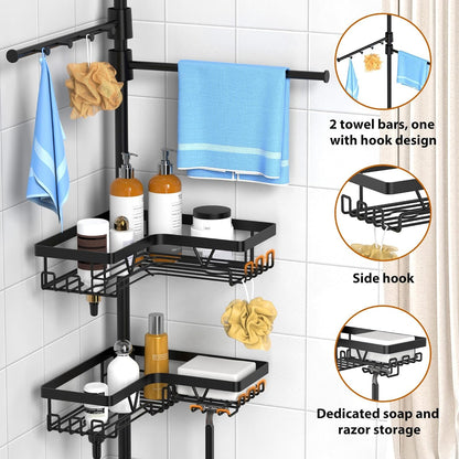 Black Shower Caddy Tension Pole with 2 Towel Bars, Adjustable Corner Bathroom Organizer, Rustproof Bathtub Storage Shelves for Shampoo, 25–114.2 Inch Shower Corner Rack for Renters & Family2