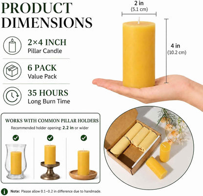 Natural Beeswax Pillar Candles, Non Toxic,2X4 Inch, 6 Pack,210 H Long Burn3