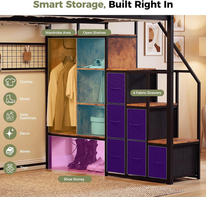 Full Loft Bed with Stairs, Storage, Headboard and LED Light (Black)5