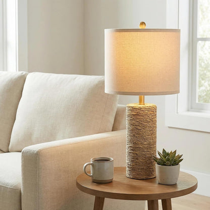 Boho Lamps Set of 2, 25.5" Coastal Farmhouse Bedside Lamps, Resin Woven Rattan-Look Nightstand Lamps with Linen Shade & Rotary Switch for Bedroom Living Room Home Decor5