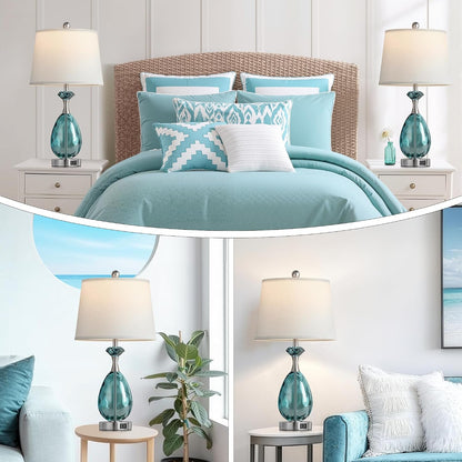 Coastal Glass Table Lamps Set of 2, 3-Way Dimmable Touch Control Nautical Lamp with USB A+C Ports,Bedside Lamp Beach Decor,Nightstand Lamp with White Shade for Living Room Bedroom(Led Bulbs Included)6