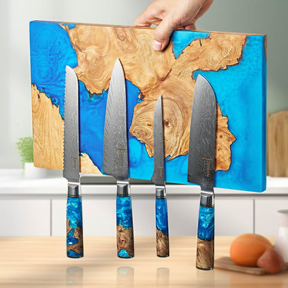 SENKEN Tsunami 7-Piece Damascus Kitchen Knife Set with Magnetic Knife Block – 67-Layer Japanese VG10 Steel – Chef, Santoku, Cleaver, Bread, Boning & More – Blue Resin Burl Wood Block3