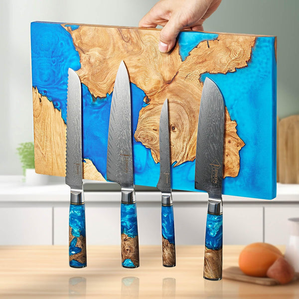 SENKEN Tsunami 7-Piece Damascus Kitchen Knife Set with Magnetic Knife Block – 67-Layer Japanese VG10 Steel – Chef, Santoku, Cleaver, Bread, Boning & More – Blue Resin Burl Wood Block3
