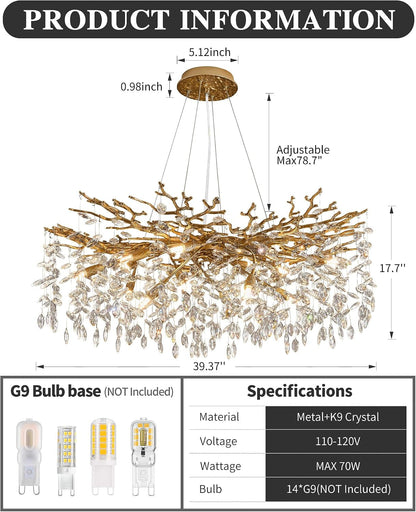 Modern Tree Branch Crystal Chandelier Luxury Gold Crystal Pendant Lighting 40" Contemporary 14-Light Chandeliers for Dining Room Kitchen Bedroom Living Room6