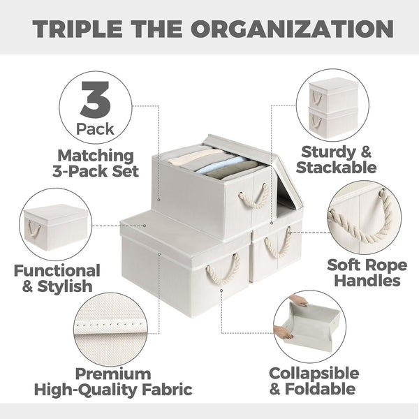 Set of 3 Fabric Bins for Organization - Foldable & Stackable with Lid & Rope Handles - Collapsible Fabric Storage Cubes Lightweight & Sturdy Bottom, Space Saving Collapsible Bin, Ivory2