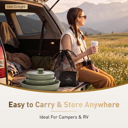 Detachable Handle Camping Pots and Pans Set Non Stick | Kitchen Induction Compatible, Green Granite Non-Toxic, Portable Stackable RV Cookware Set for Camper5