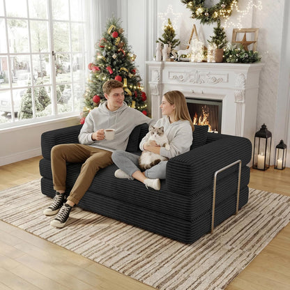 59 Inch Convertible Sofas Bed, 5-In-1 Futon Sofa Pull Out Sleeper Couch, Boneless Couches for Living Room, Corduroy Floor Compression Loveseat for Bedroom, Apartment, No Assembly, Black, 2 Seat4