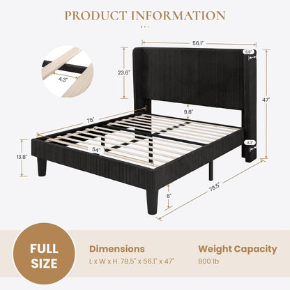Full Corduroy Platform Bed with Tufted Wingback Headboard, Black2
