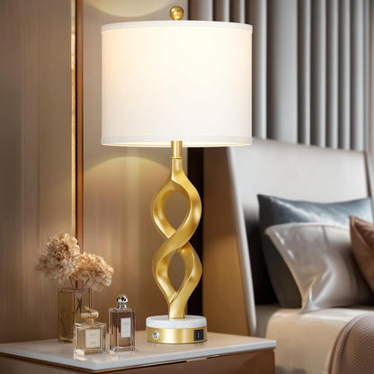 30" White and Gold Table Lamp for Living Room, Modern Touch Control Bedside Lamp for Bedroom, 3-Way Dimmable Sculptural Resin Nightstand Lamp with USB A+C Ports and 1 LED Bulb (1 Pack)3