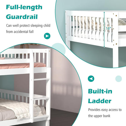 Full over Full Bunk Bed with Trundle, Solid Wood Trundle Bed Frame W/Guardrails and Ladder, Convertible to 2 Beds, Full Size Bunk Beds for Adults Kids Teens, No Box Spring Needed, White6