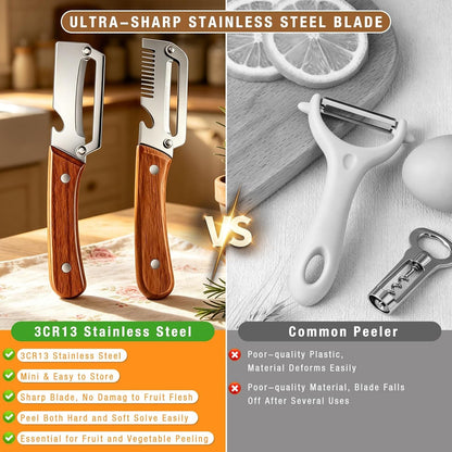 Multifunctional Vegetable Peeler 3-In-1, Julienne Peeler, Fruit Peeler Knife with Ergonomic Wood Handle, Stainless Steel Blade for Efficient Peeling, Grating & Slicing（2Pcs)5