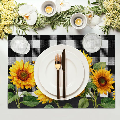 Sunflower Placemats Set of 4 - Buffalo Plaid Place Mats 12X18 Farmhouse Table Mats Spring Summer Kitchen Mats for Party Dining Table3