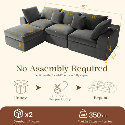 110'' Cloud Couch, L-Shaped Boneless Couch, Dark Grey2