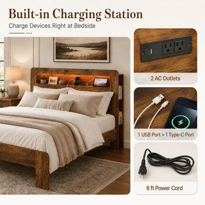 King Bed Frame Wood Platform with Storage Headboard LED USB No Box Spring6