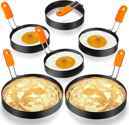 6 Pcs Egg Rings for Griddle Nonstick Pancake Molds,4, 6 Inch | Stainless Steel with Orange Silicone Handle, Fried Egg Shapers Molds, Adjustable for Breakfast Omelette Sandwich1