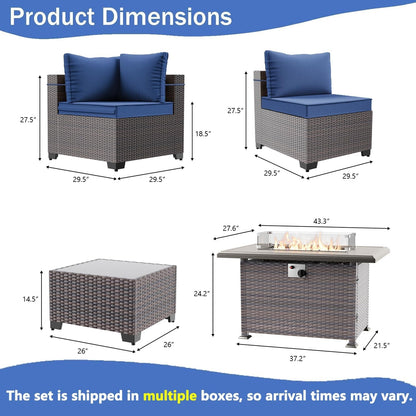 13 Pieces Outdoor Patio Furniture Set,Outdoor Sectional Furniture with 43" 55000 BTU Gas Propane Fire Pit Table,Pe Rattan Wicker Patio Conversation Set with 10 Thickened Cushions,Navy Blue6