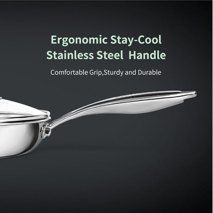 11.5 Inch Tri-Ply Stainless Steel Frying Pan with Lid,No Coatings PFOA&PTFE Free Skillets,Chef'S Pans,Dishwasher and Oven Safe Cookware, Compatible with All Cooktops3